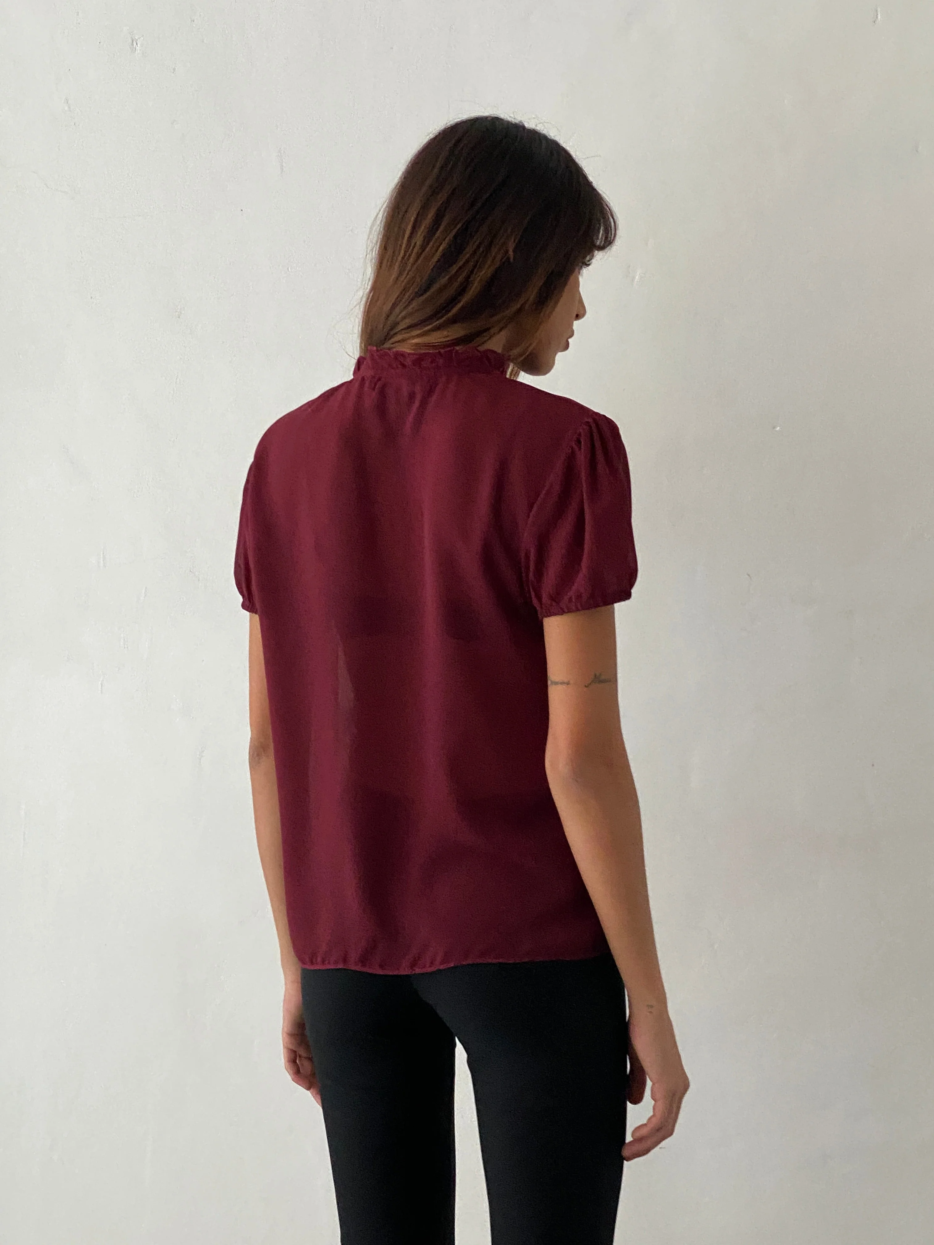 Enzo High Neck Blouse in Oxblood Chiffon - Image 5