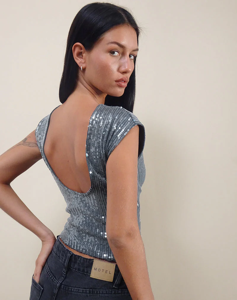 Erika Low Back Top in Shimmer Sequin Charcoal - Image 5