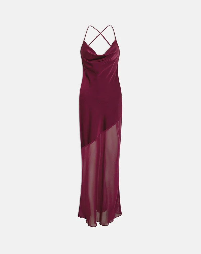 Eshara Maxi Dress in Chiffon Satin Burgundy - Image 3