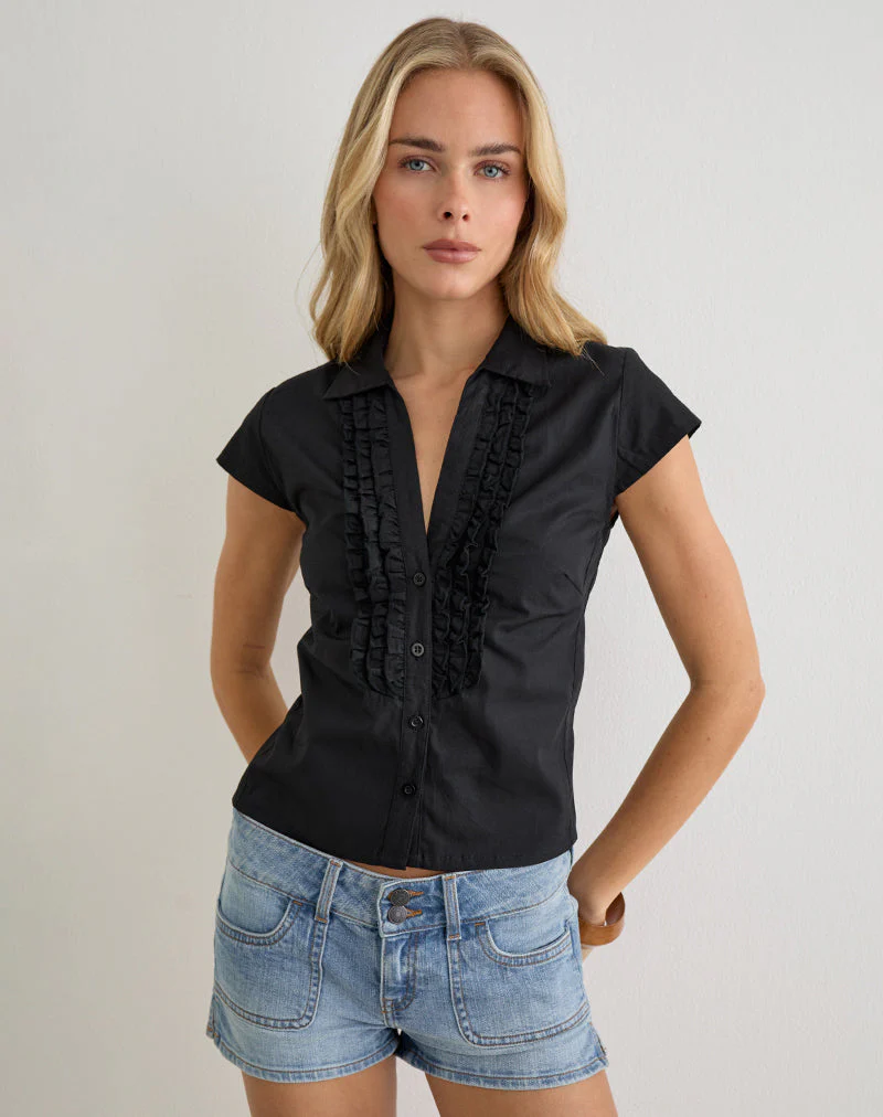 Estu Blouse with Centre Front Frill in Poplin Black - Image 2