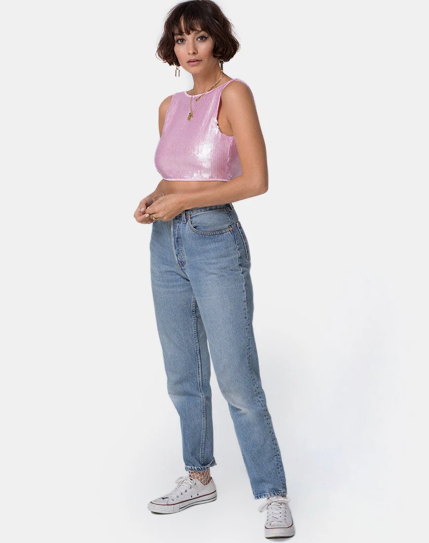 Faith Crop Top in Pink Tint Sequin - Image 3