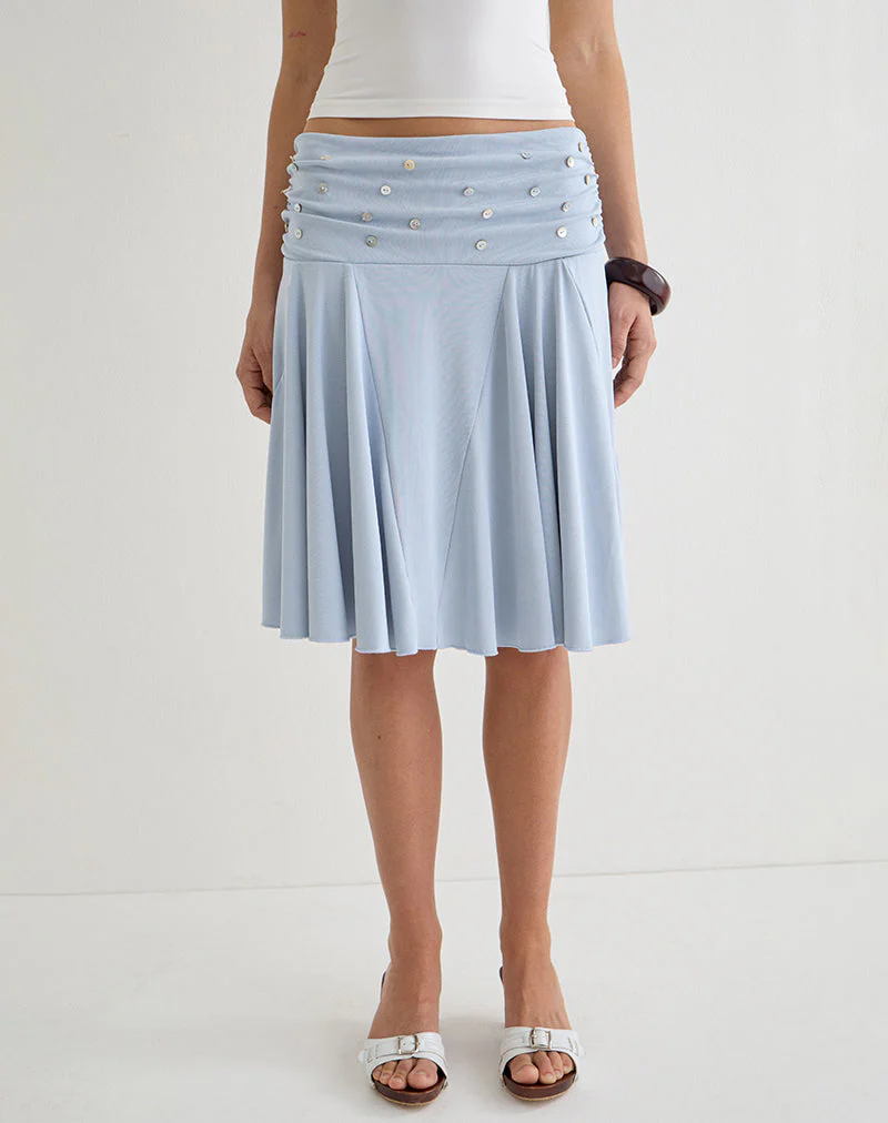 Faliha Midi Skirt in Lyocell Dusty Blue with Pearl Buttons - Image 2
