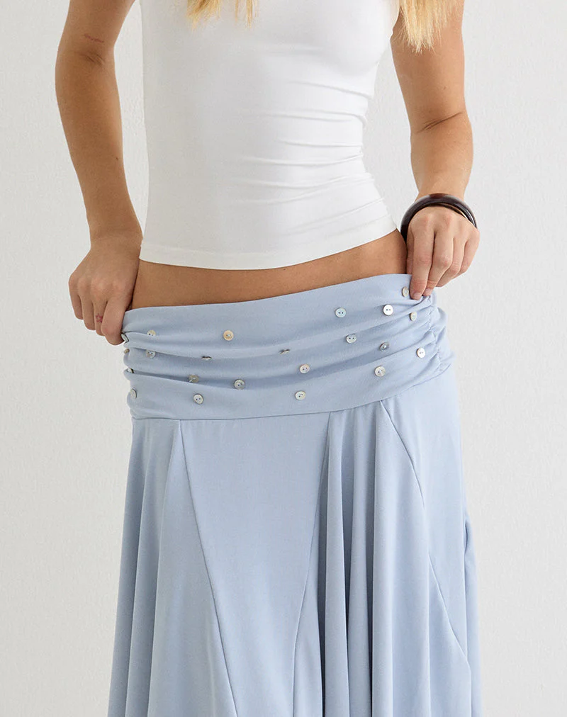 Faliha Midi Skirt in Lyocell Dusty Blue with Pearl Buttons - Image 3