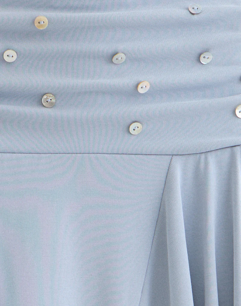 Faliha Midi Skirt in Lyocell Dusty Blue with Pearl Buttons - Image 7