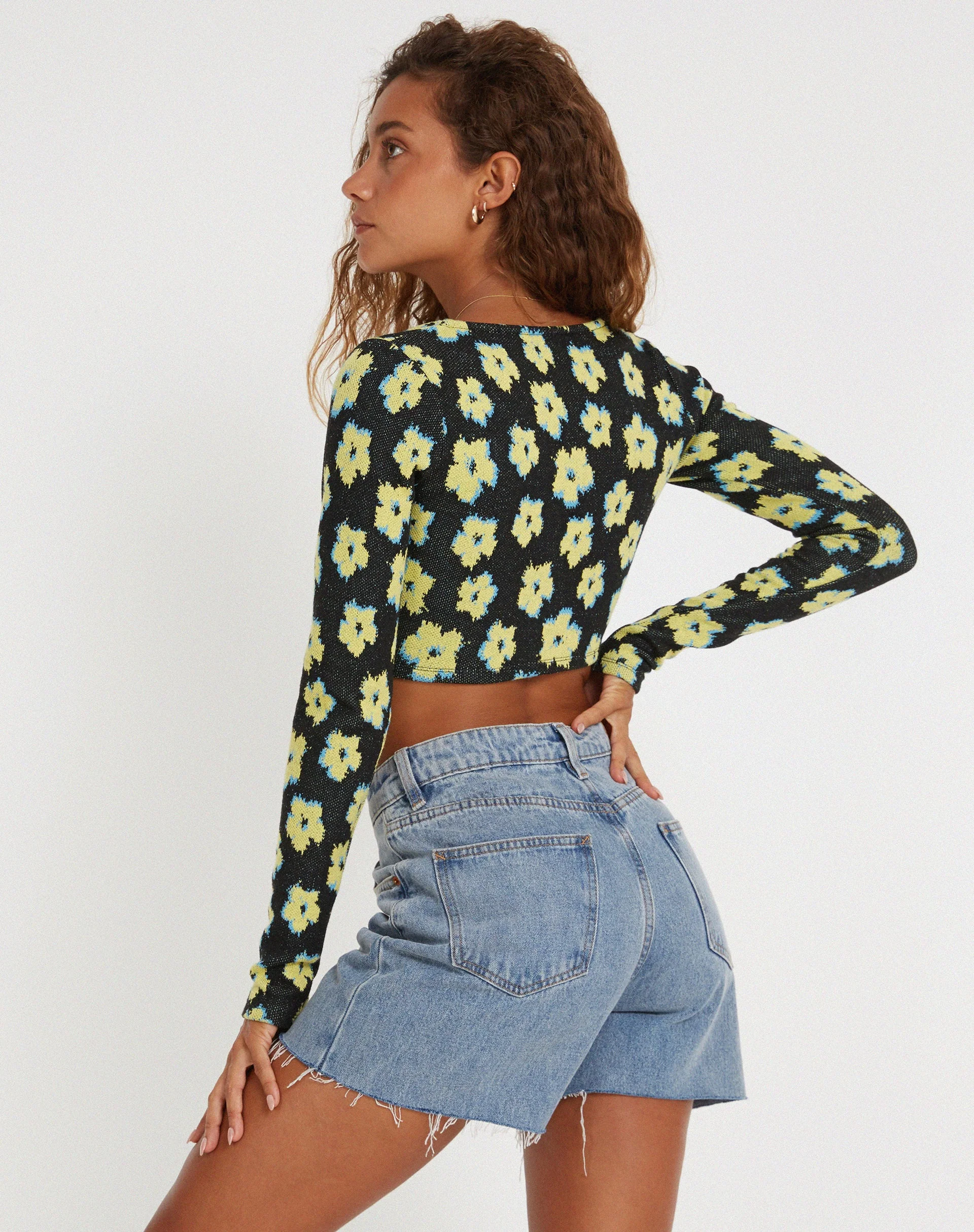 Faline Crop Top in Cute Floral Black and Yellow - Image 3