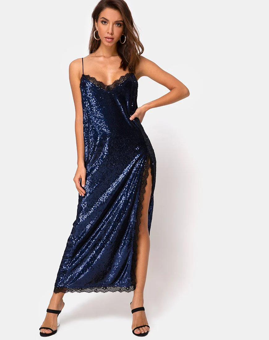 Fitilia Maxi Dress in Midnight Mini Sequin with Black Lace - Image 3