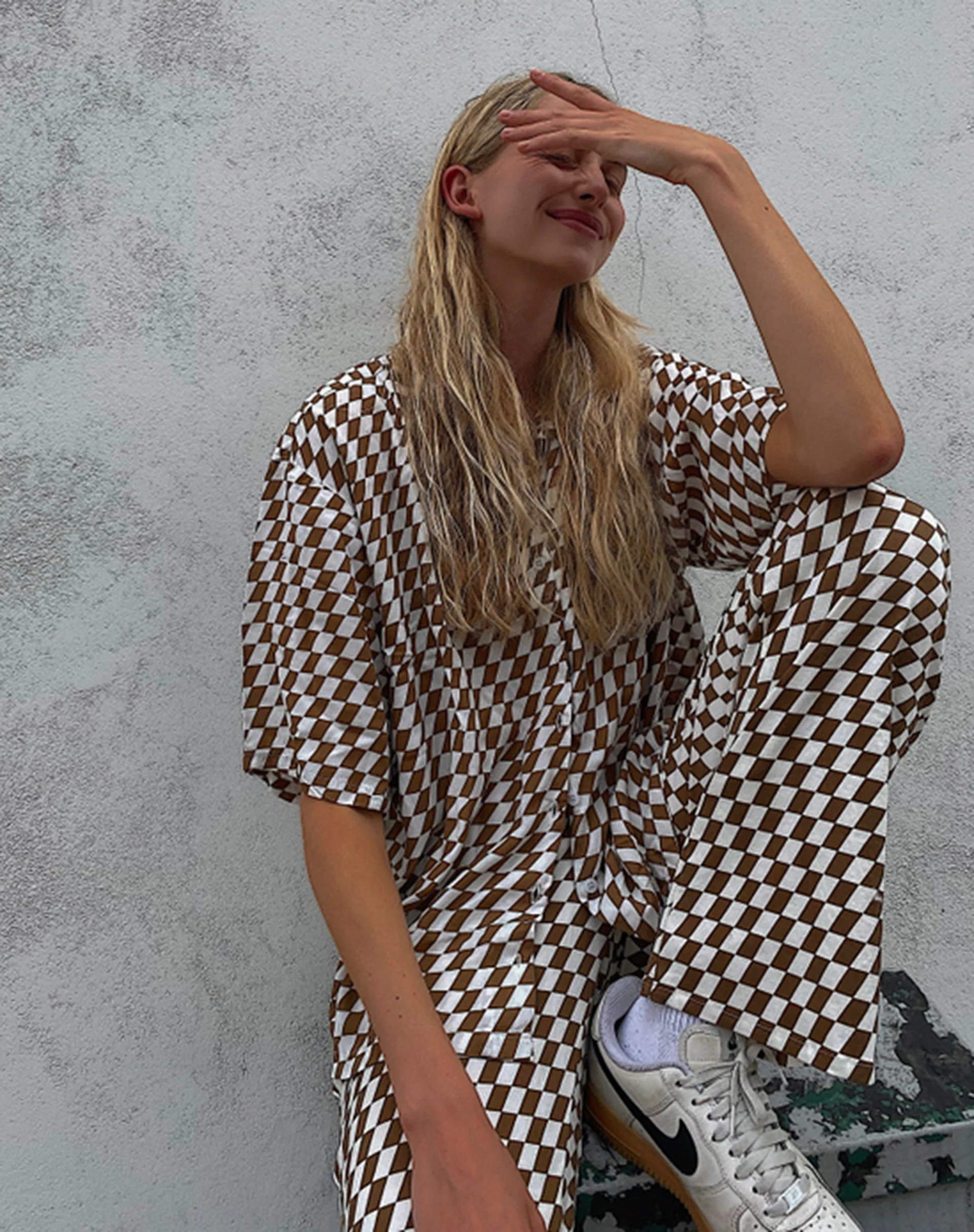Fresia Shirt Dress in Diagonal Checker Tan and Ivory - Image 2