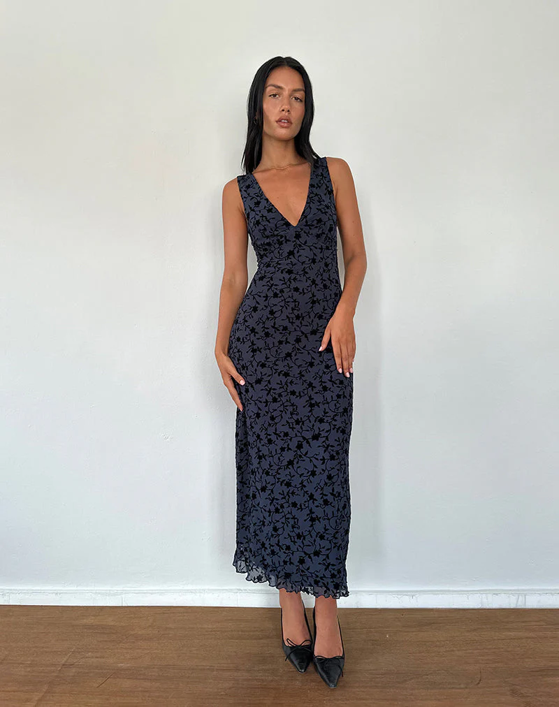 Gabriela Midi Dress in Flocked Petal Navy - Image 2