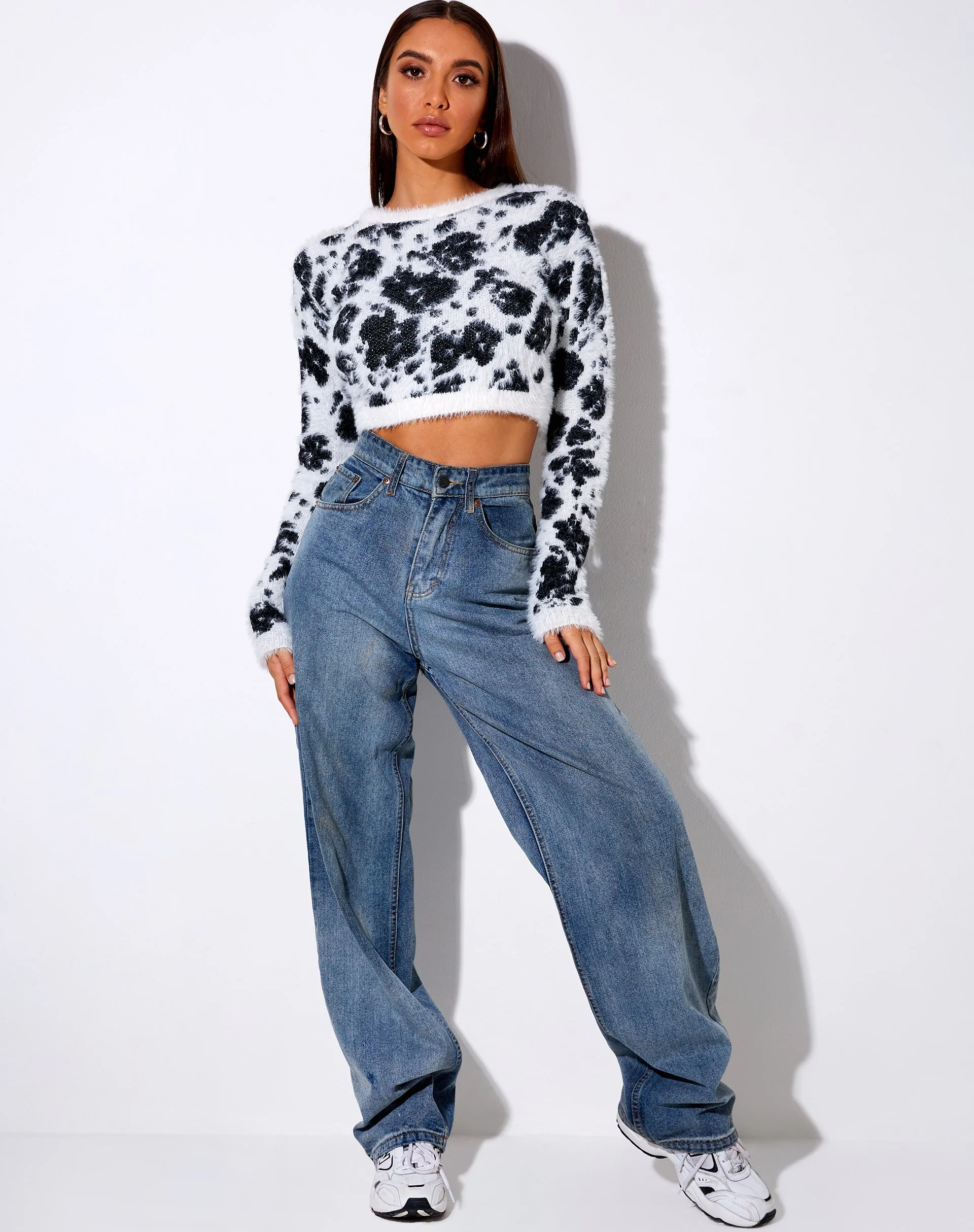 Gail Jumper in Fluffy Knit Cow Hide Black and White - Image 4