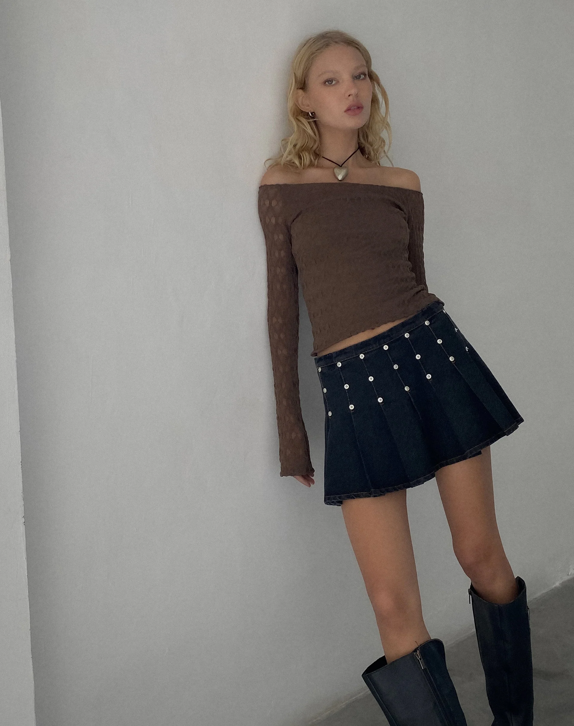 Gatlin Pleated Denim Mini Skirt in Black Wash with Studs - Image 3