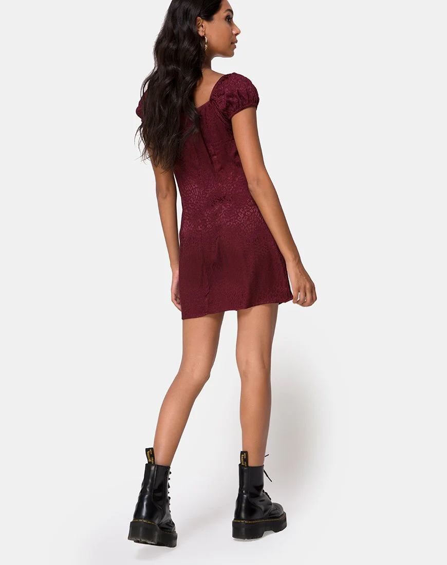 Gaval Mini Dress in Satin Cheetah Burgundy - Image 4