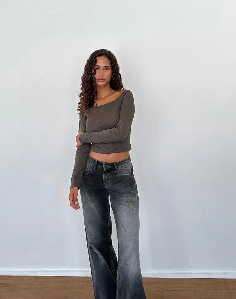 Gavya Long Sleeve Bardot Top in Olive Jersey - Image 5
