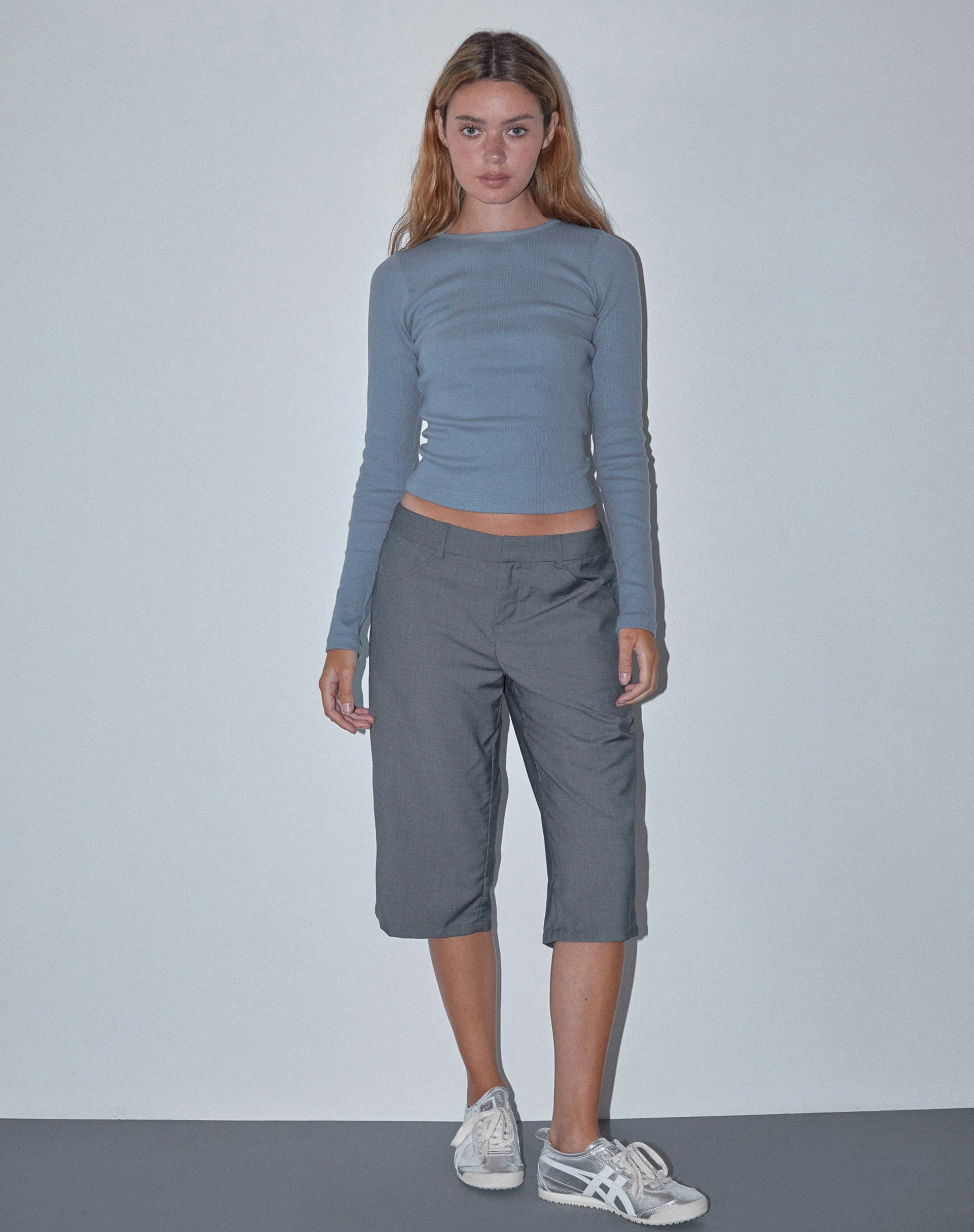 Gelbon Open Back Long Sleeve Top in Rib Powder Blue - Image 2