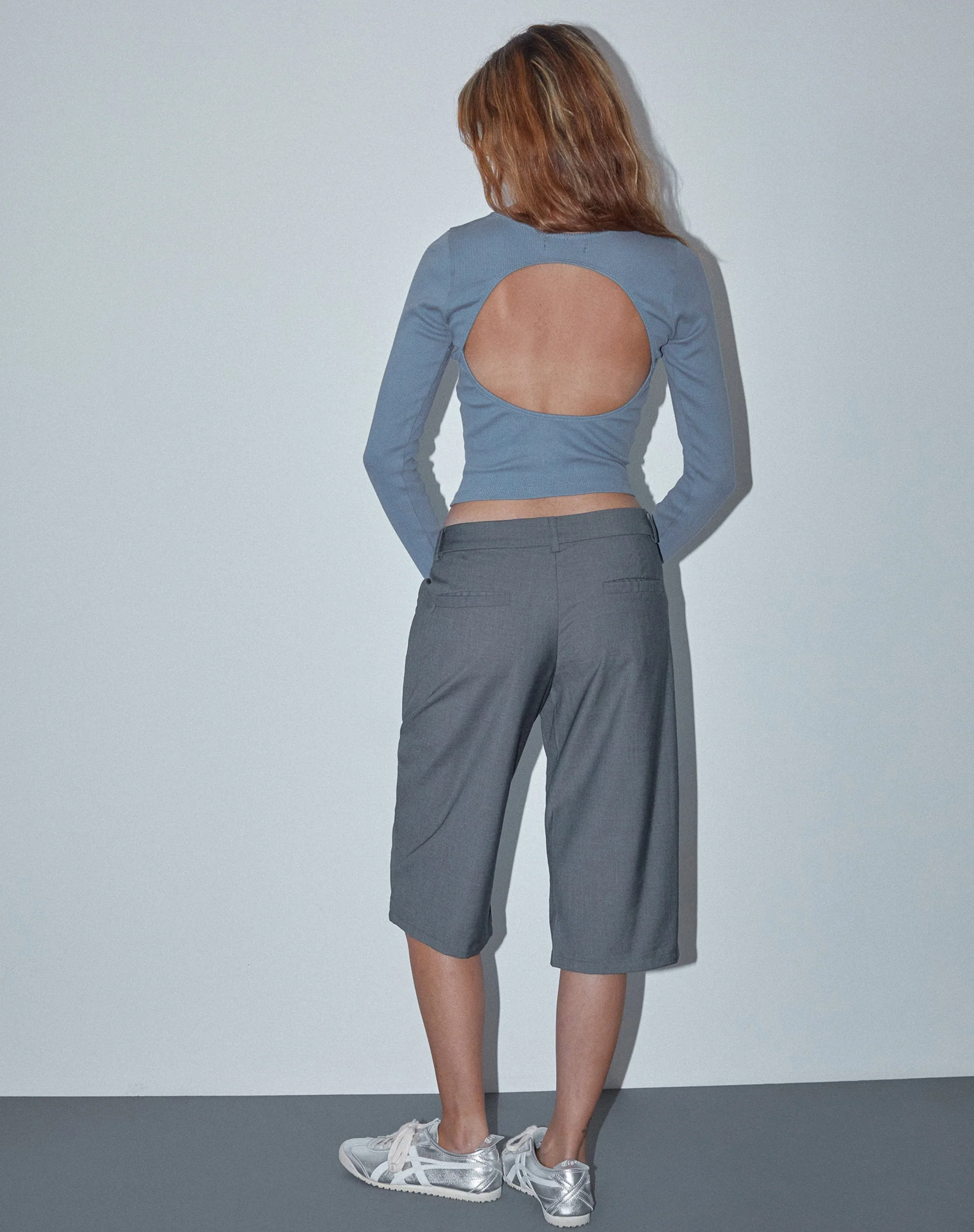 Gelbon Open Back Long Sleeve Top in Rib Powder Blue - Image 3