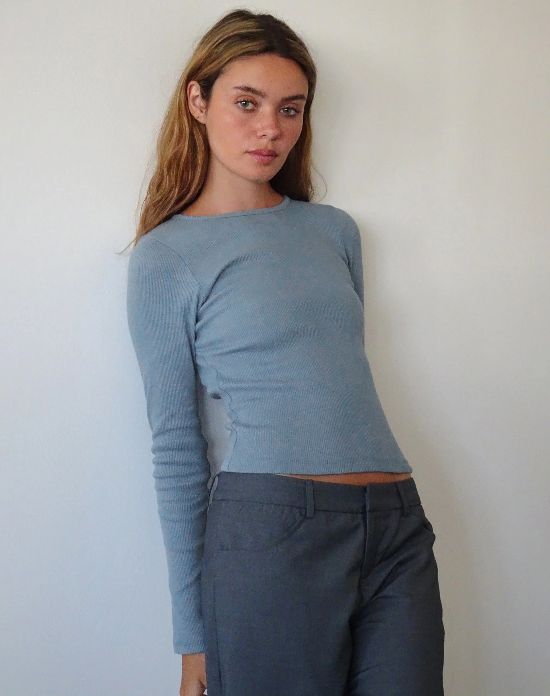 Gelbon Open Back Long Sleeve Top in Rib Powder Blue - Image 4