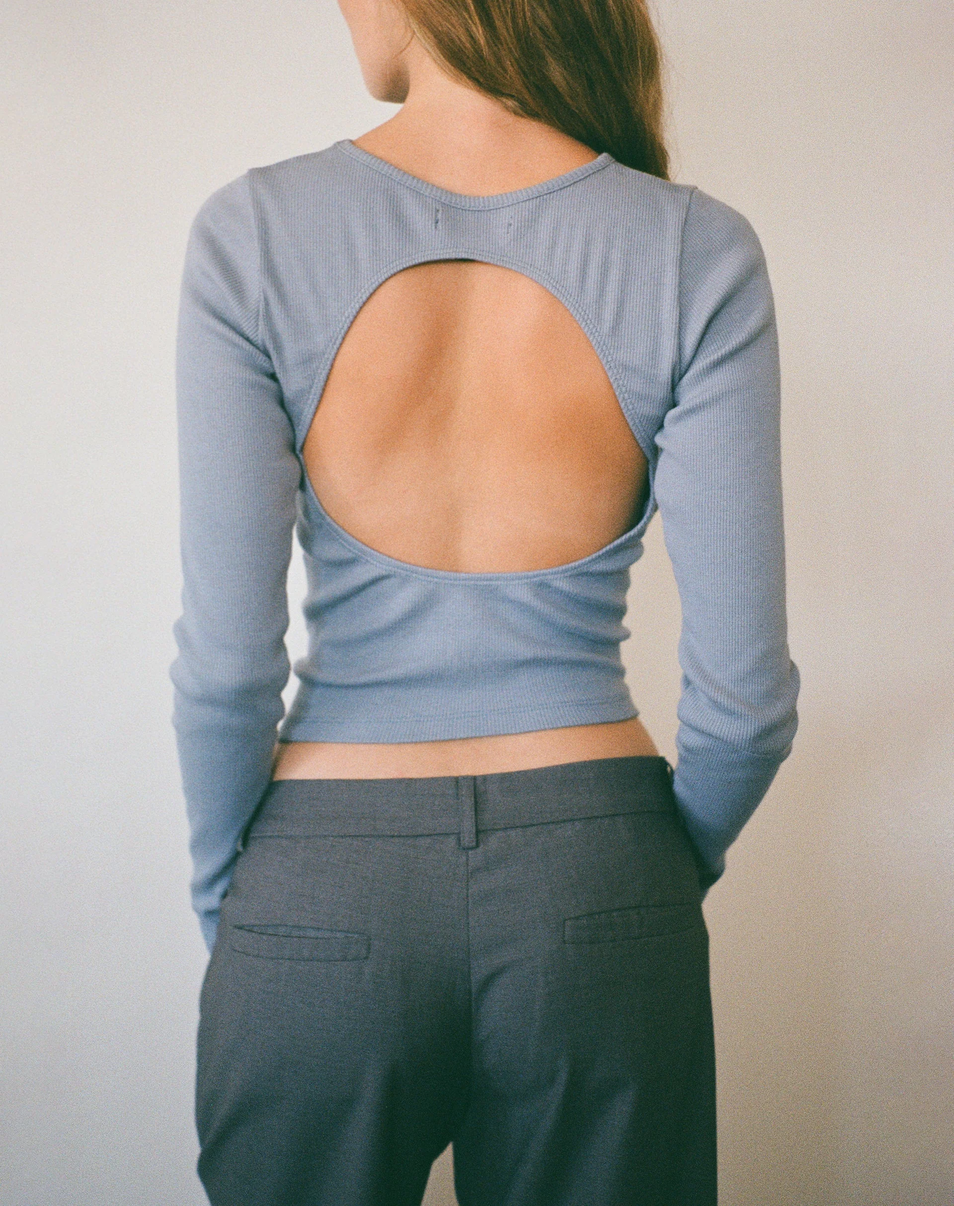 Gelbon Open Back Long Sleeve Top in Rib Powder Blue - Image 5