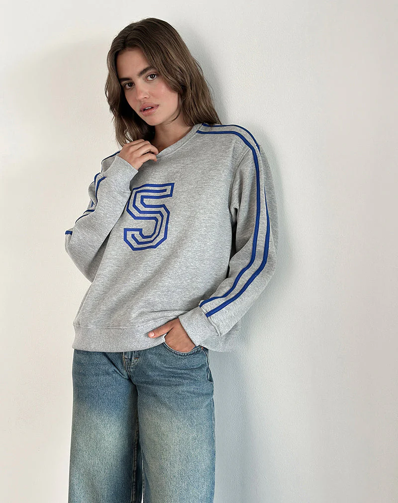 Govel Sweatshirt in Grey Marl with Cobalt Blue 5 Motif - Image 3
