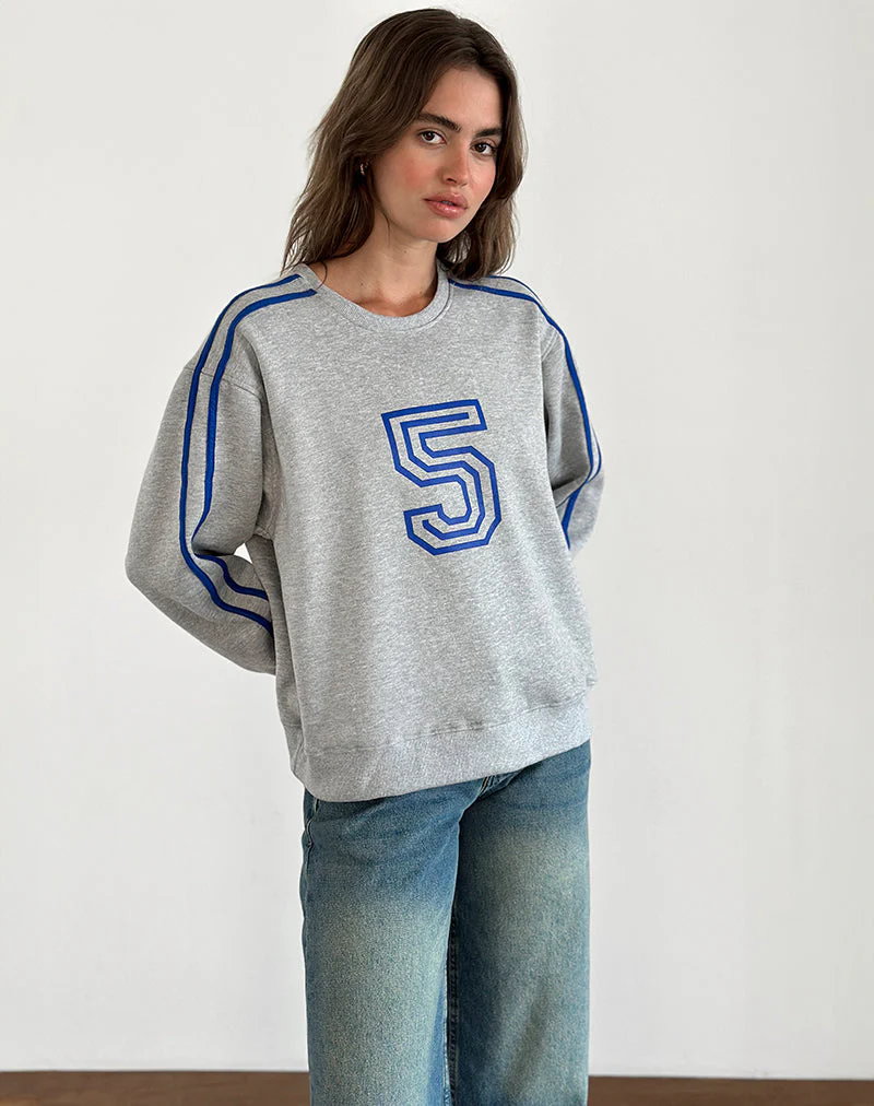 Govel Sweatshirt in Grey Marl with Cobalt Blue 5 Motif - Image 6