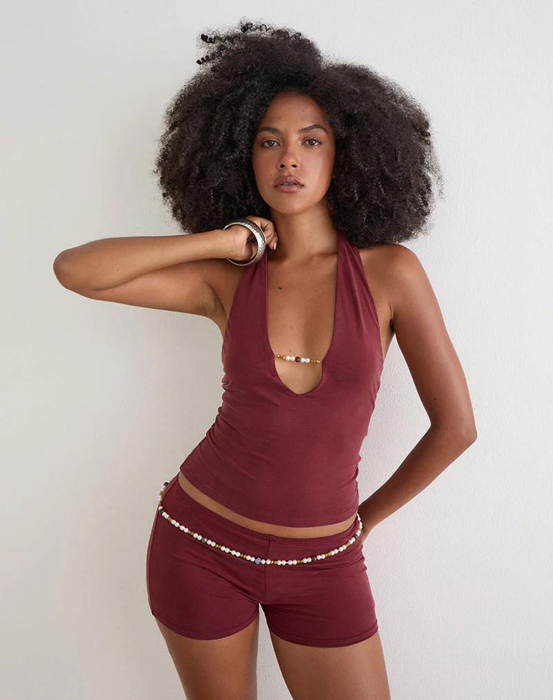 Grizel Halterneck Top with Pearl Trim in Cupro Burgundy - Image 2