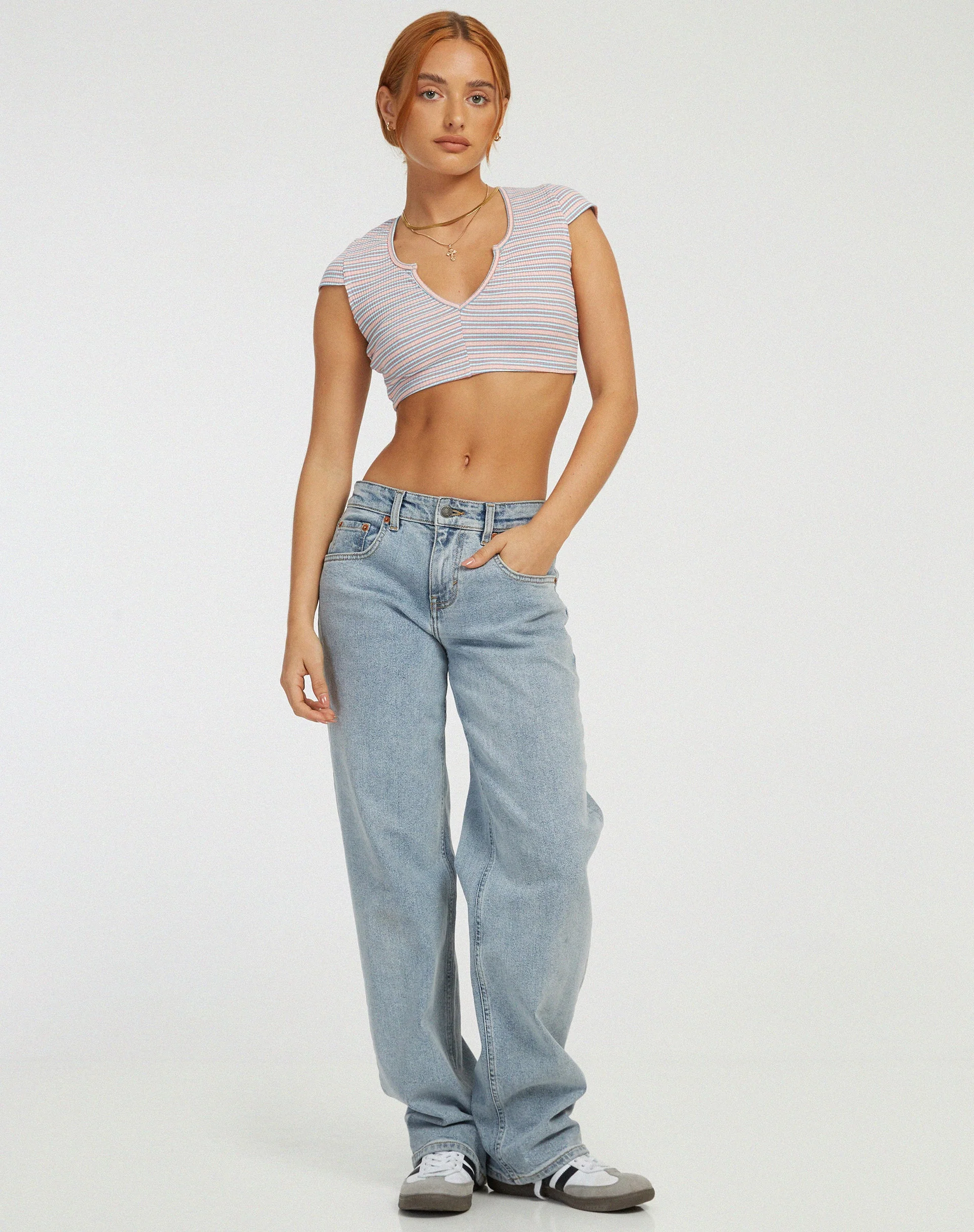 Guanna Crop Top in Stripe Rib Blue and Peach - Image 3
