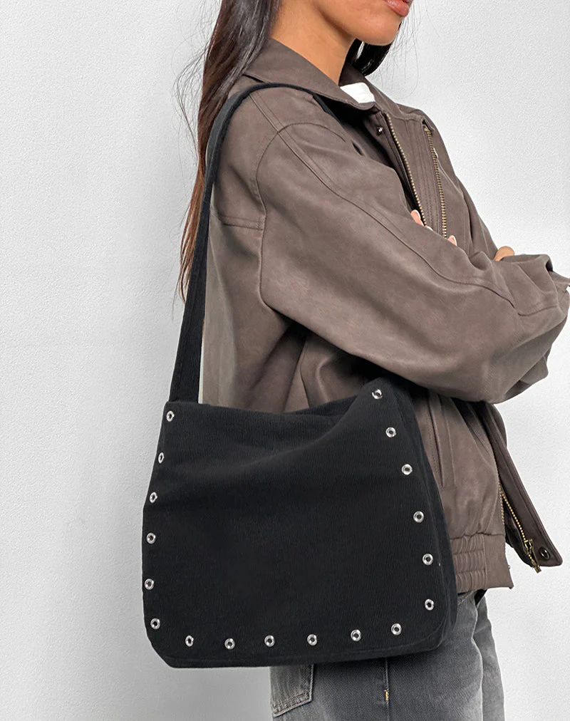 Gundar Eyelet Bag in Babycord Black