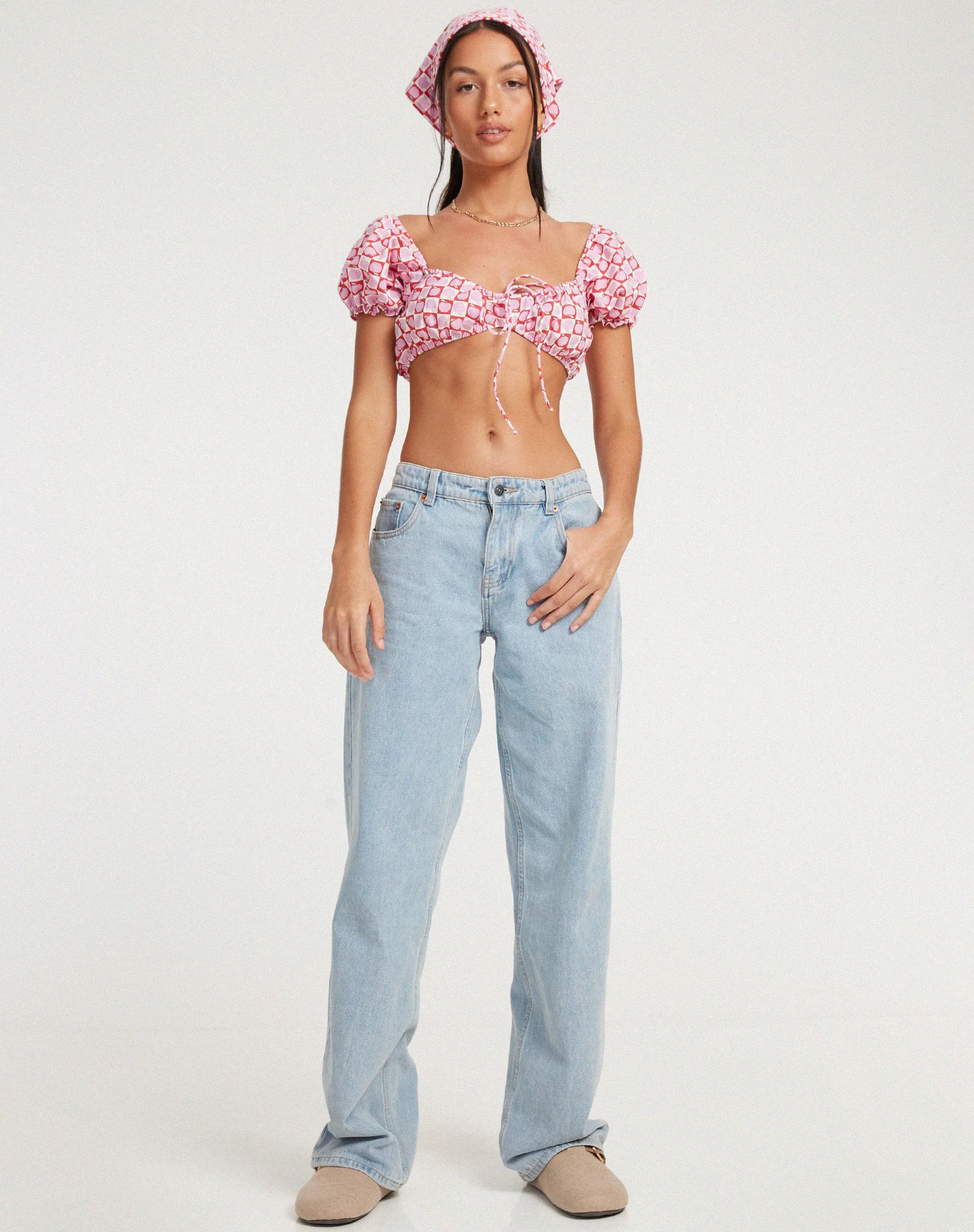 Haenji Crop Top in Apple Check Blush Red - Image 3