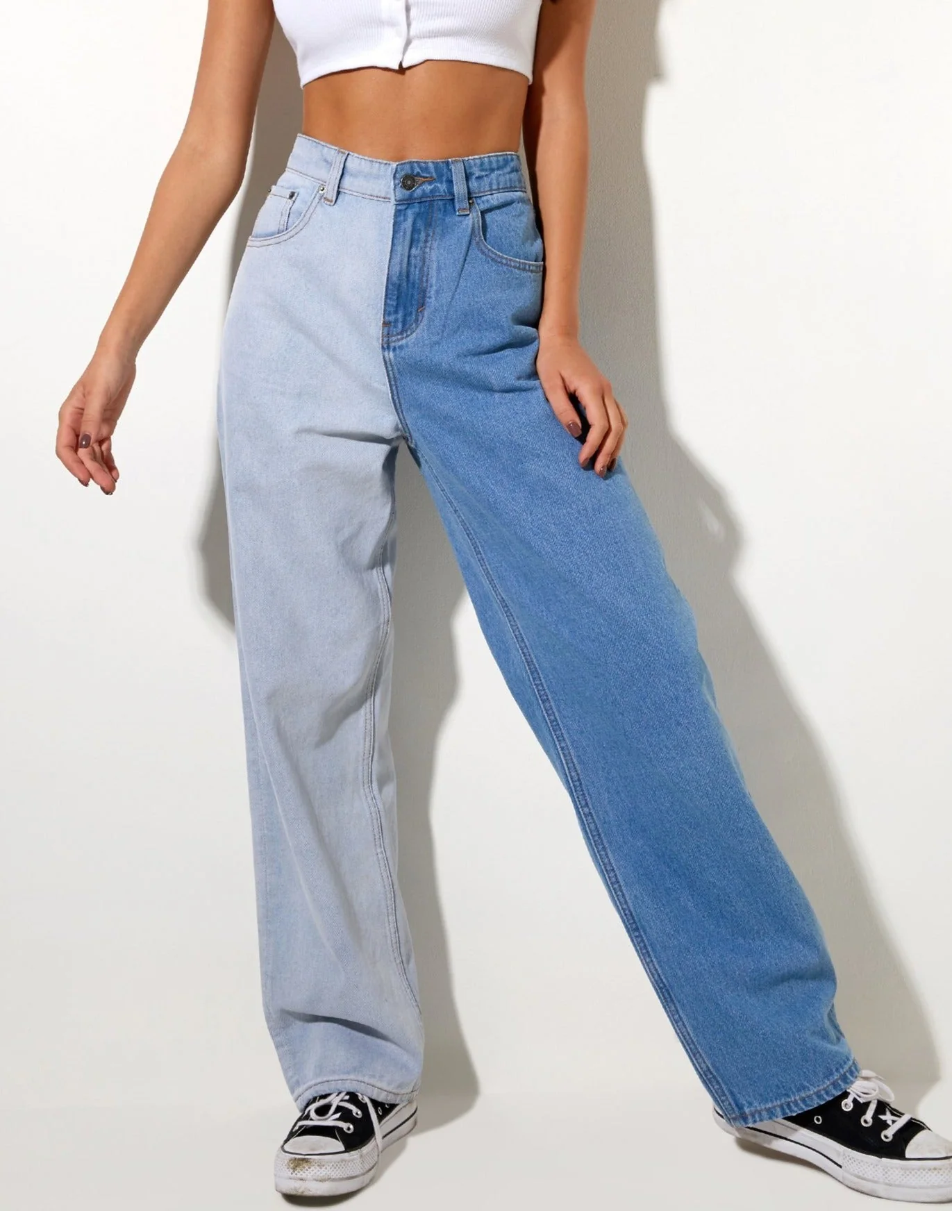 Half and Half Parallel Jean in Light Wash and Bleach Denim - Image 2