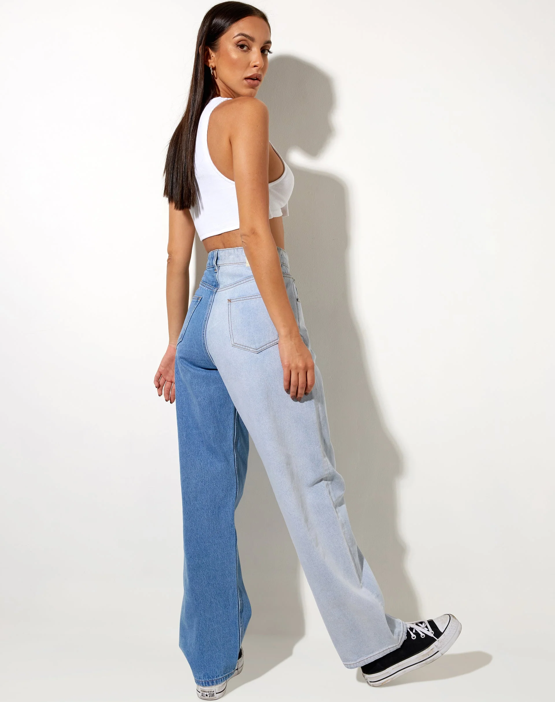 Half and Half Parallel Jean in Light Wash and Bleach Denim - Image 4