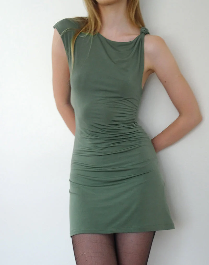 Hape Twist Shoulder Mini Dress in Smooth Slinky Khaki - Image 5