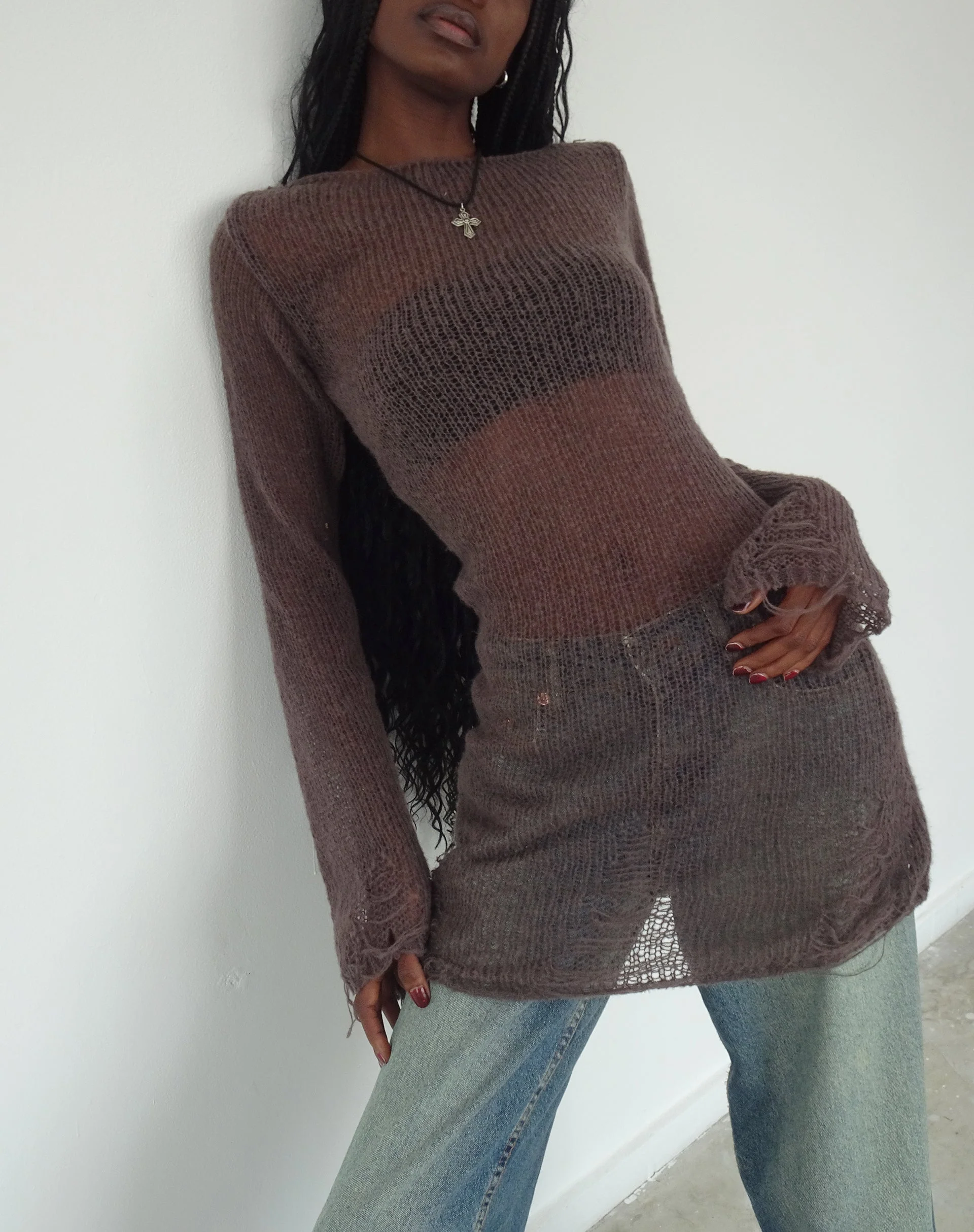 Harper Distressed Knitted Mini Dress in Maroon - Image 2