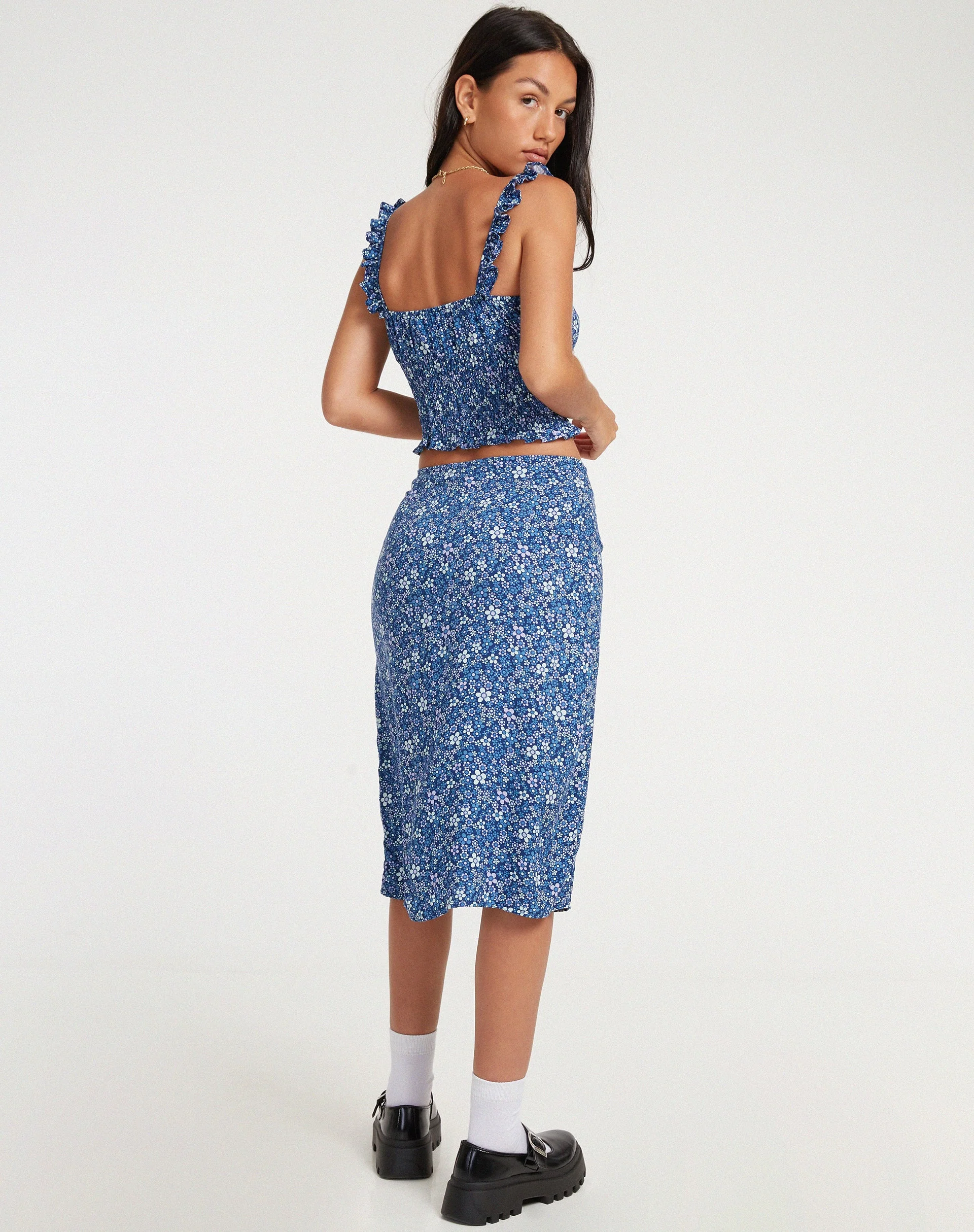 Harriet Midi Skirt in Retro Floral Blue - Image 2