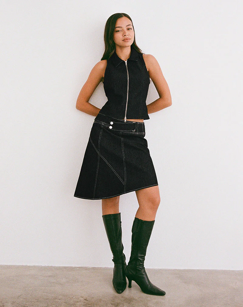 Hayashi Asymmetrical Midi Skirt in Denim Black Wash - Image 4