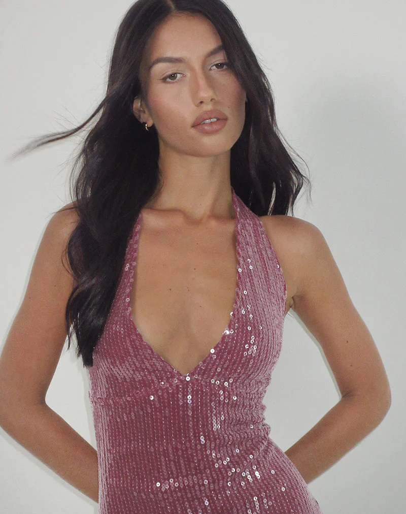 Hepasi Halter Mini Dress in Clear Sequin Maroon - Image 2