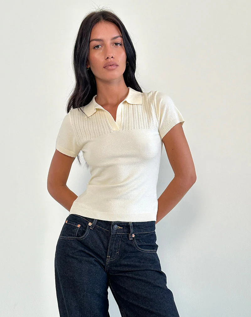 Hilda Collared Top in Ivory Knit - Image 3