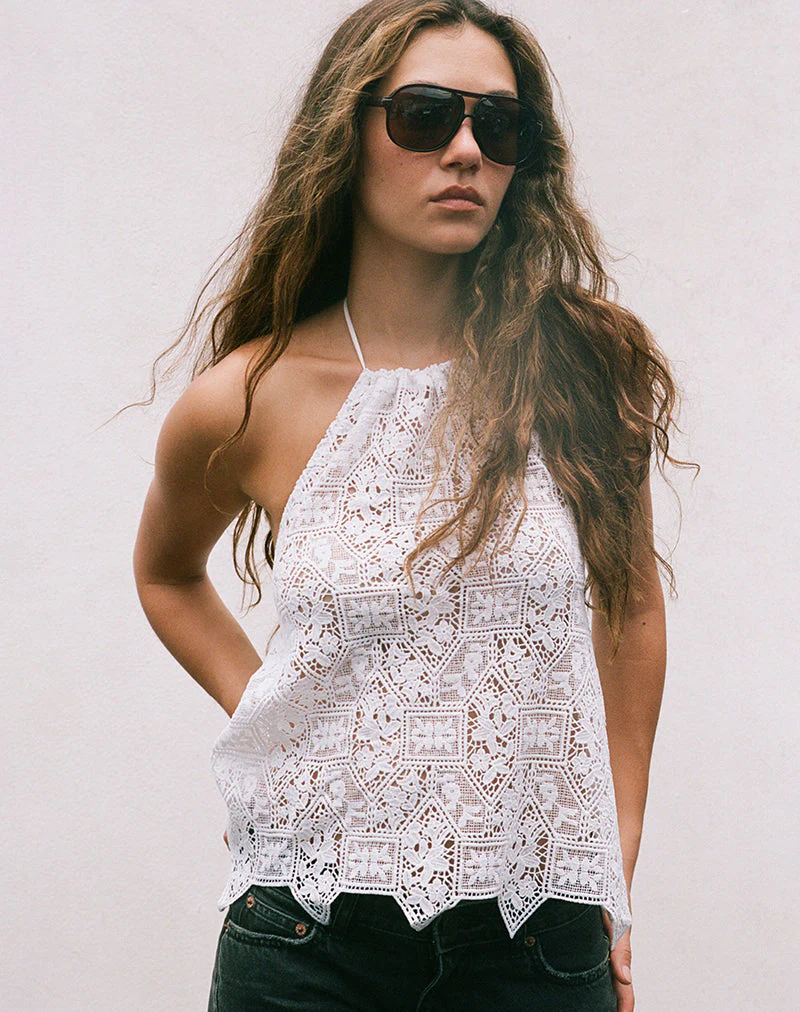 Irina Halterneck Top in Woven Crochet Ivory