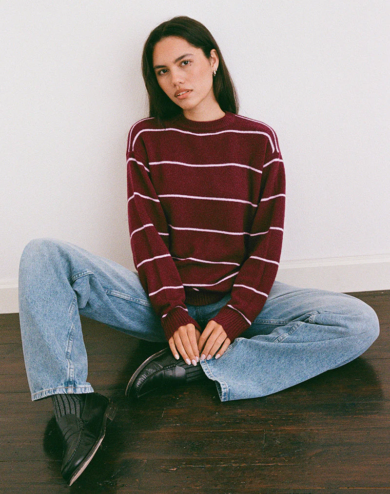 Ishari Knitted Jumper in Burgundy with Pink Stripe - Image 5
