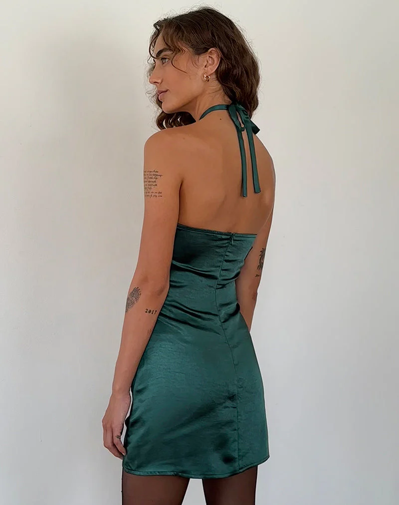 Isolda Satin Halterneck Mini Dress in Forest Green with Rosette - Image 5