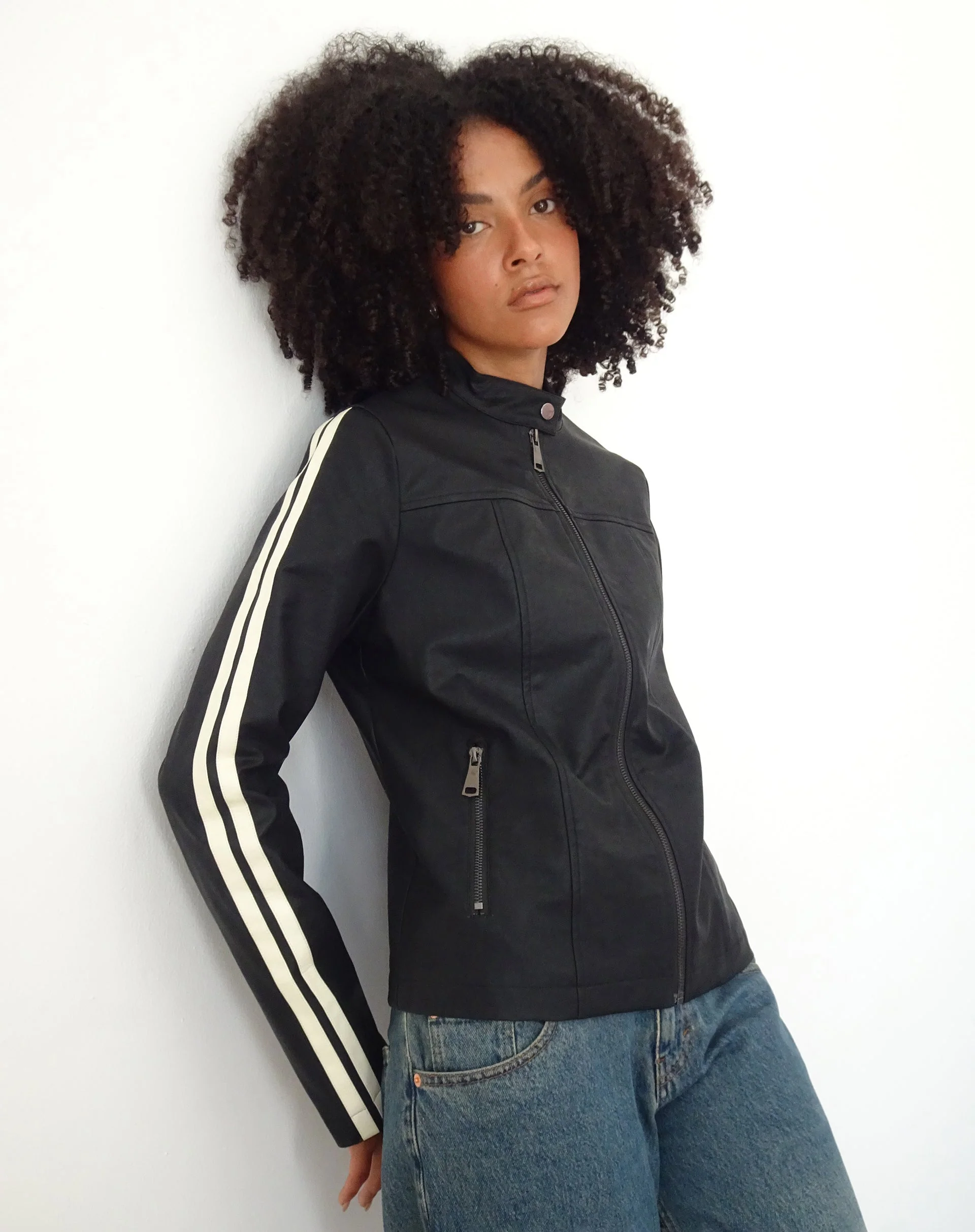 Jacquie Zip Up Biker Jacket in PU Black - Image 3