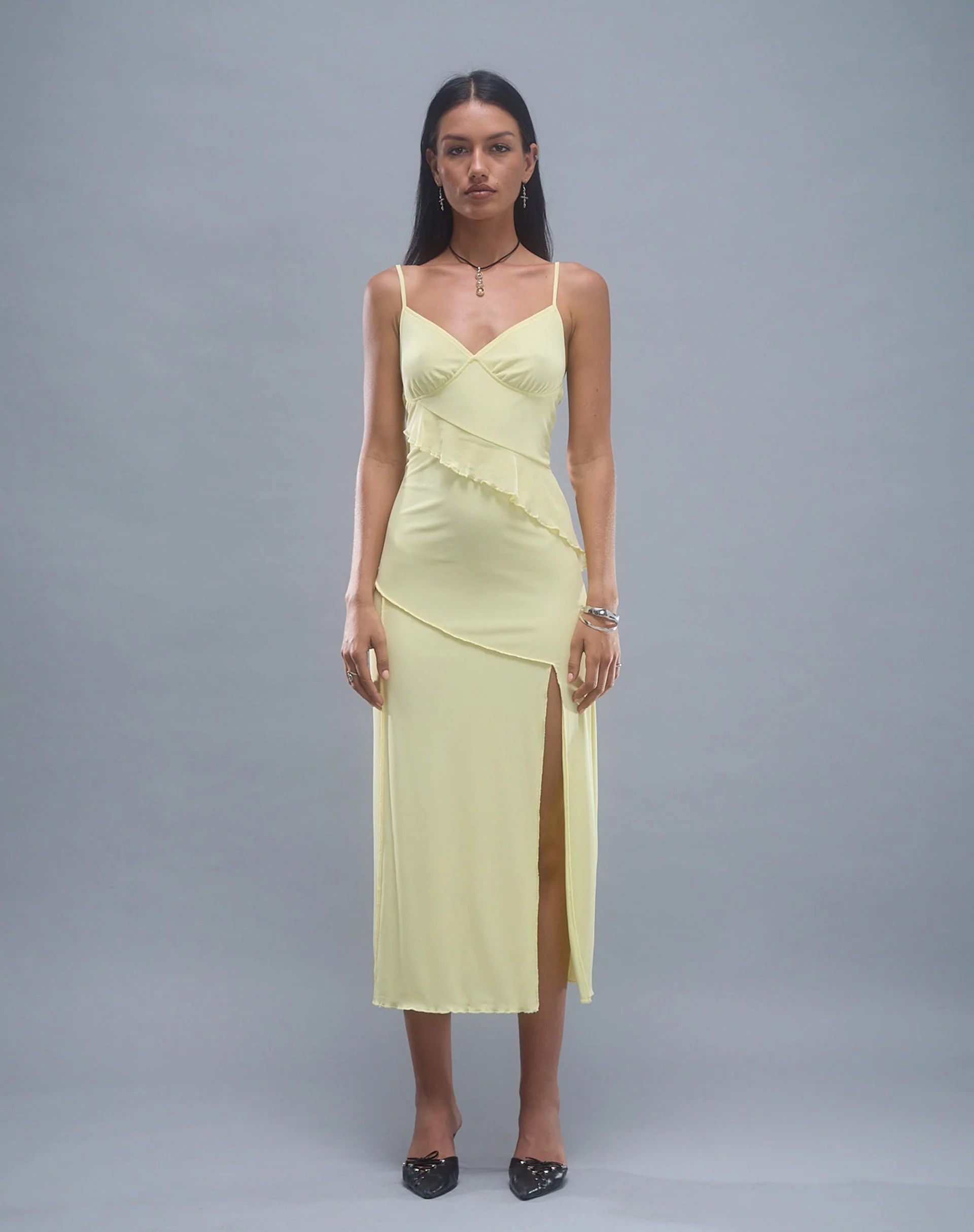 Jacy Ruffle Midi Dress in Mesh Lemon - Image 5