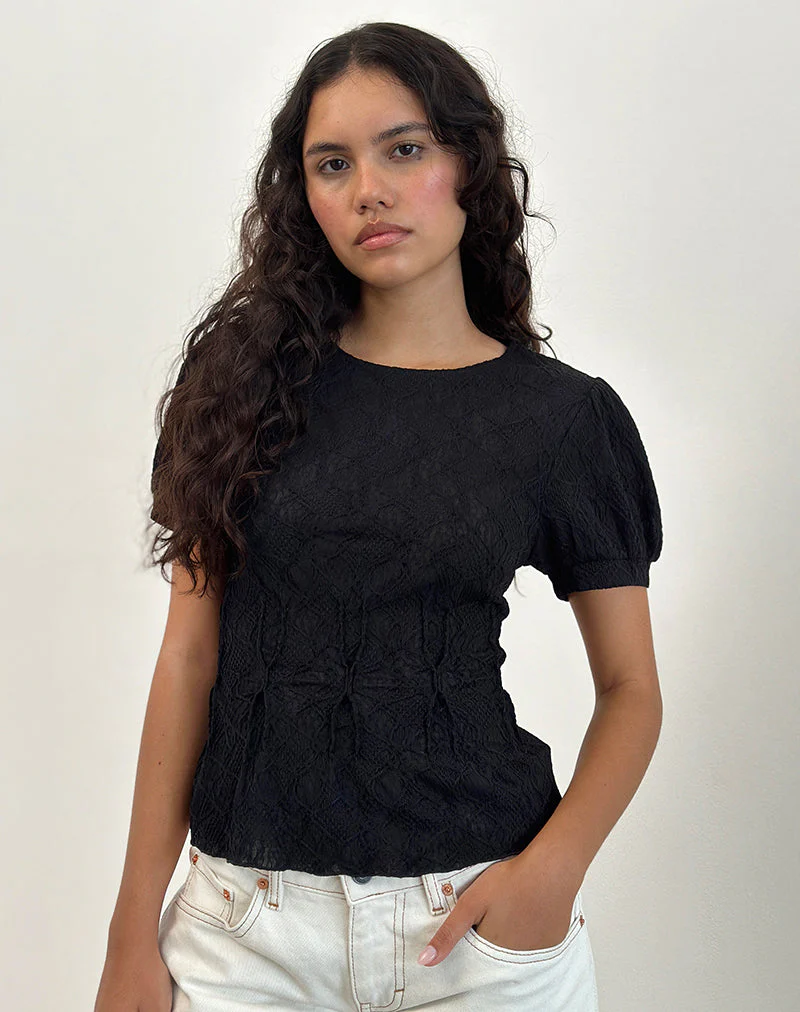 Jaina Puff Sleeve Top in Textured Black - Image 3