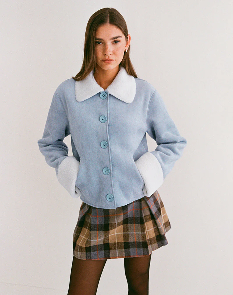 Jano Jacket in Faux Suede Blue with Borg - Image 6