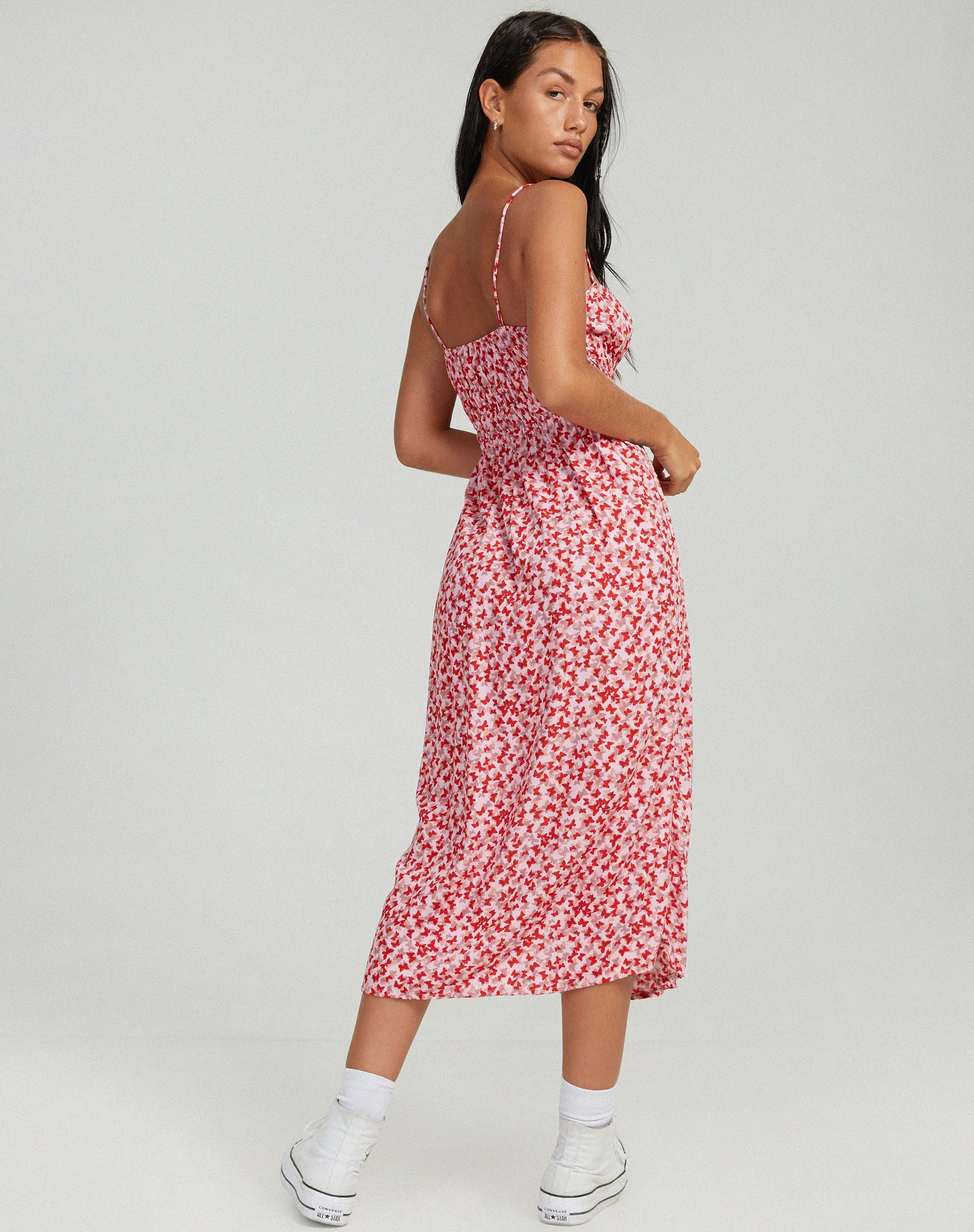 Jeyro Midi Dress in Ditsy Butterfly Peach and Red - Image 4