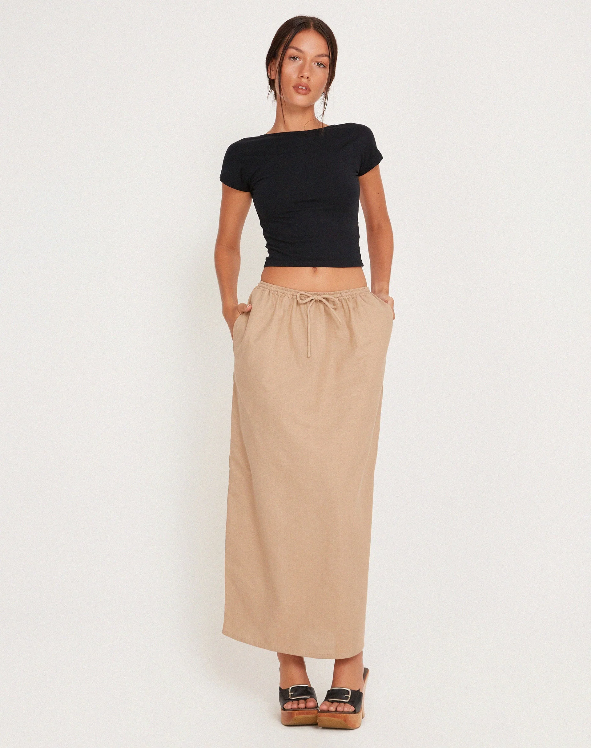 MOTEL X JACQUIE Joelene Tie Waist Maxi Skirt in Light Taupe - Image 4