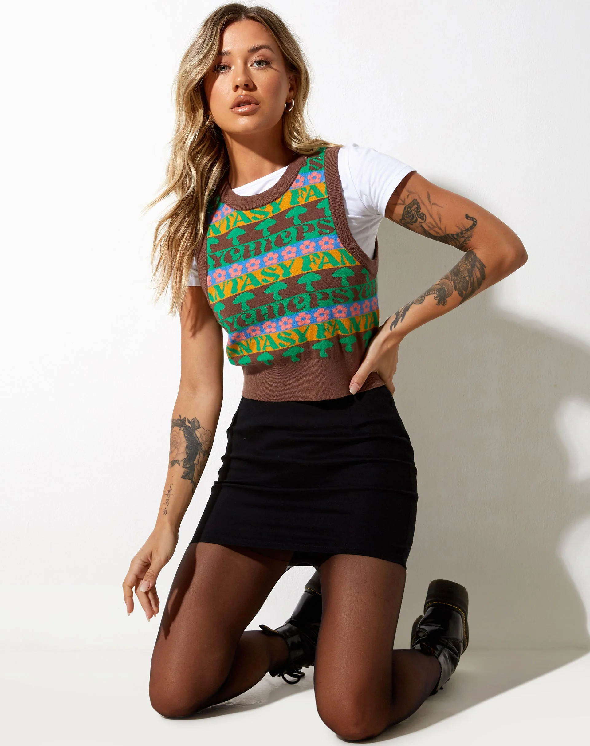 Joker Vest Top in Knit Fairisle Mix Brown - Image 4