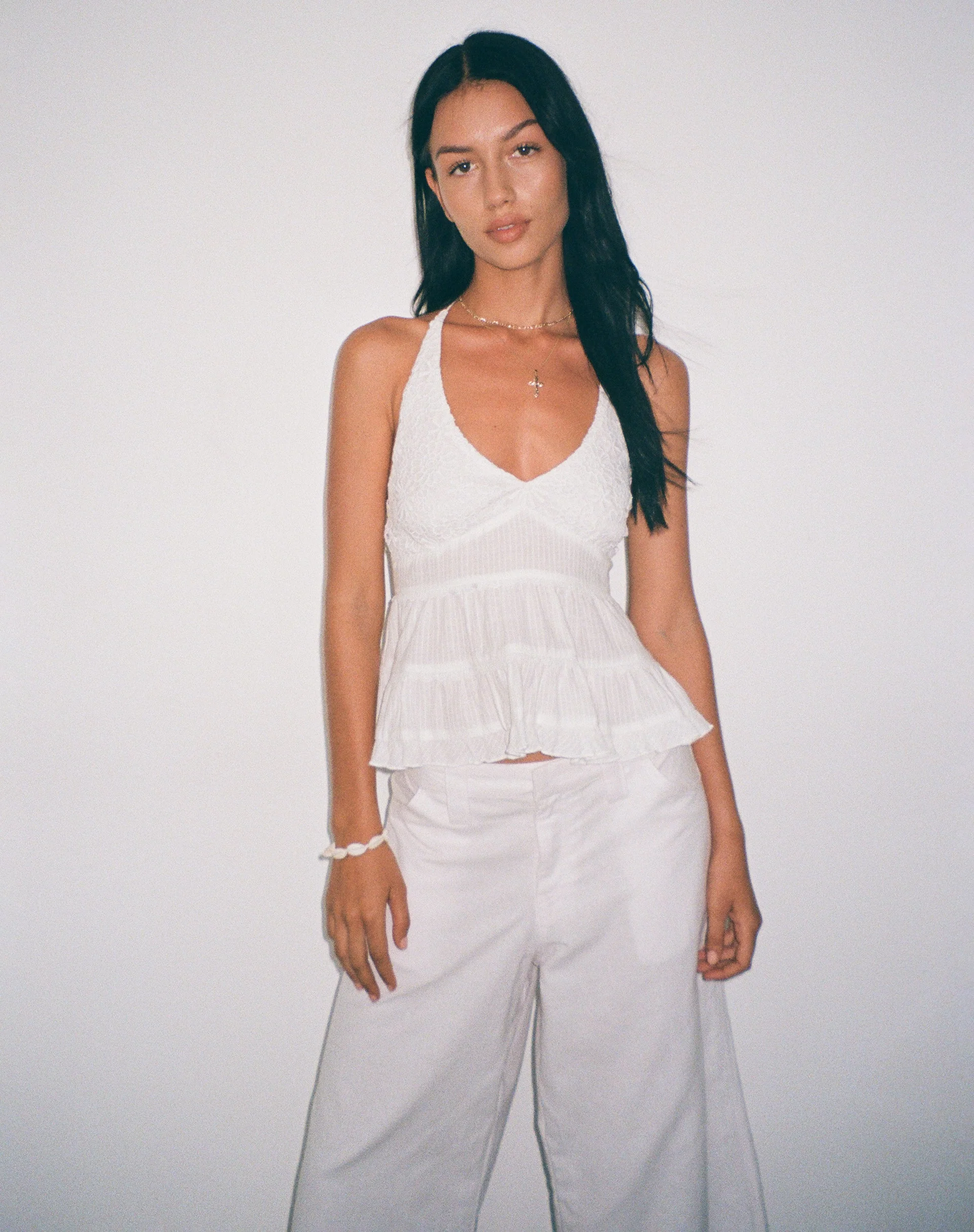 Juanita Frill Halterneck Top in Crochet White - Image 4