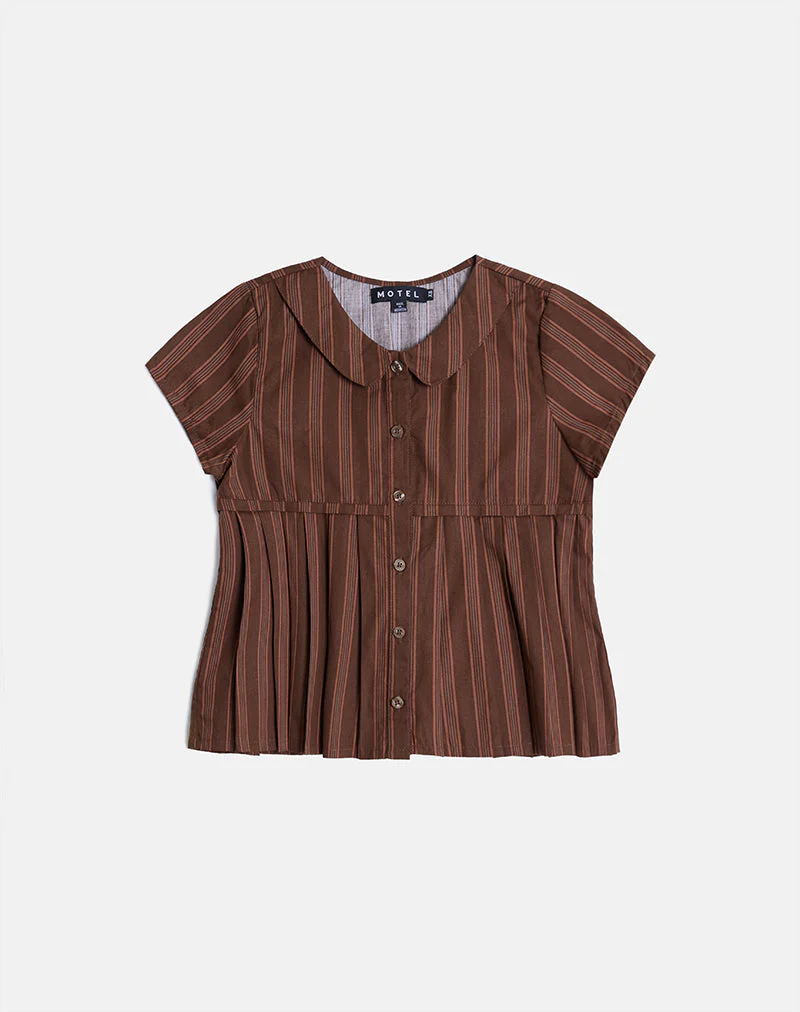 Kaelis Pleated Blouse in Stripe Brown - Image 5