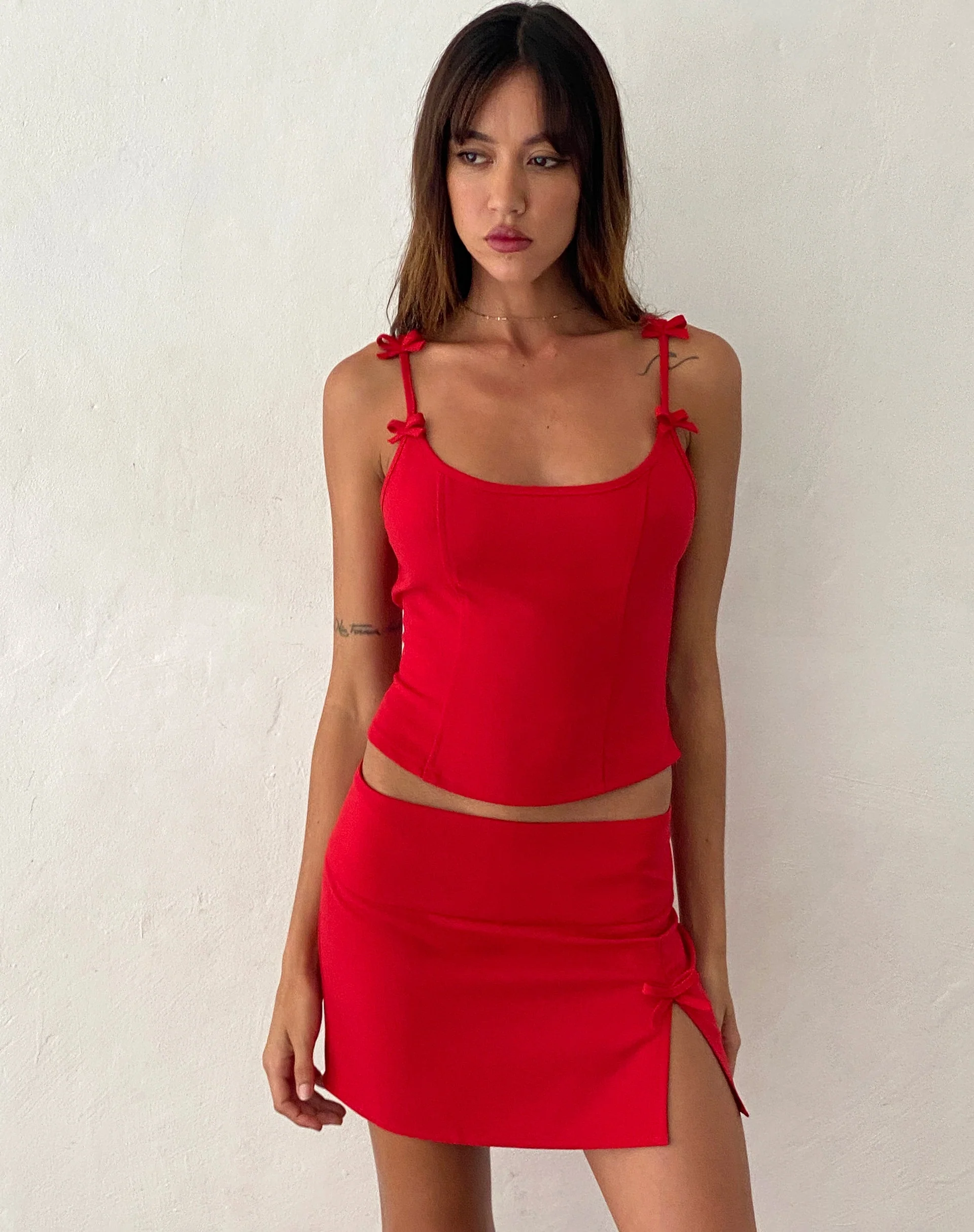 Kaida Bow Detail Corset Top in Tailoring Red - Image 2