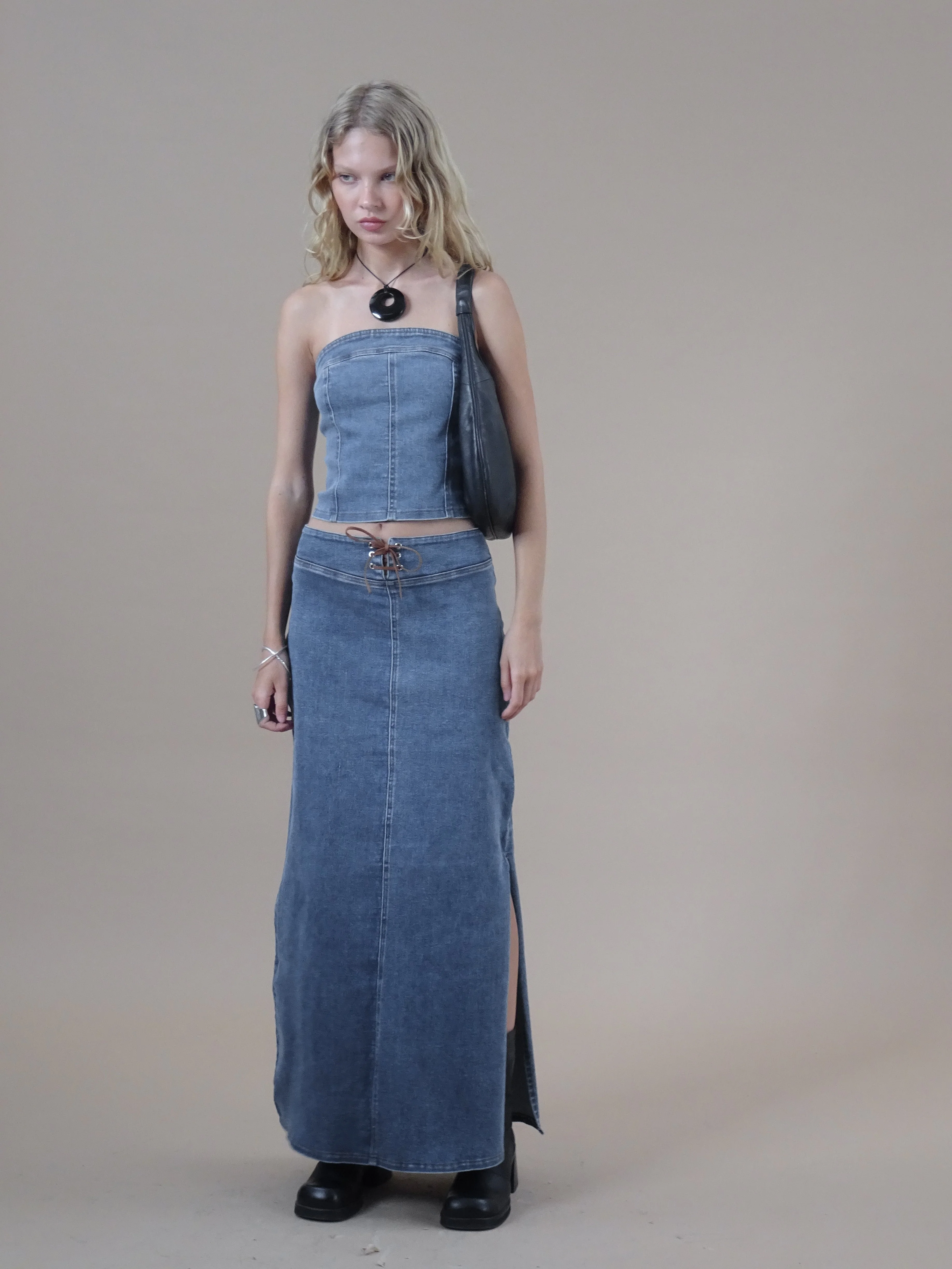Kaiha Denim Bandeau Corset Top in Blue Wash - Image 2