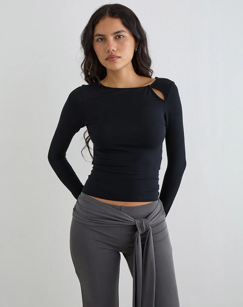 Kalais Long Sleeve Twisted Neckline Top in Black - Image 3