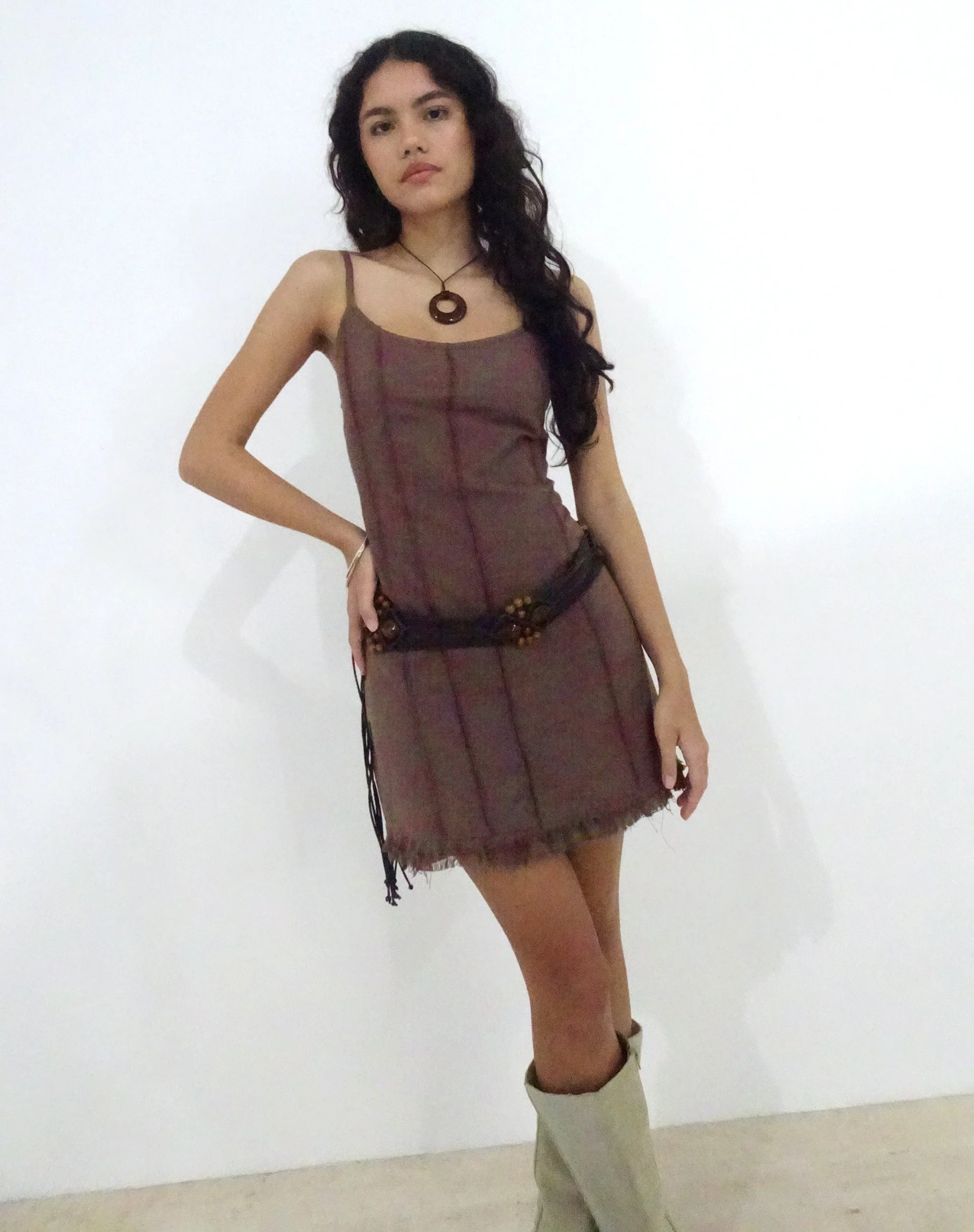 Kaneisa Pintuck Mini Slip Dress in Deep Taupe - Image 2
